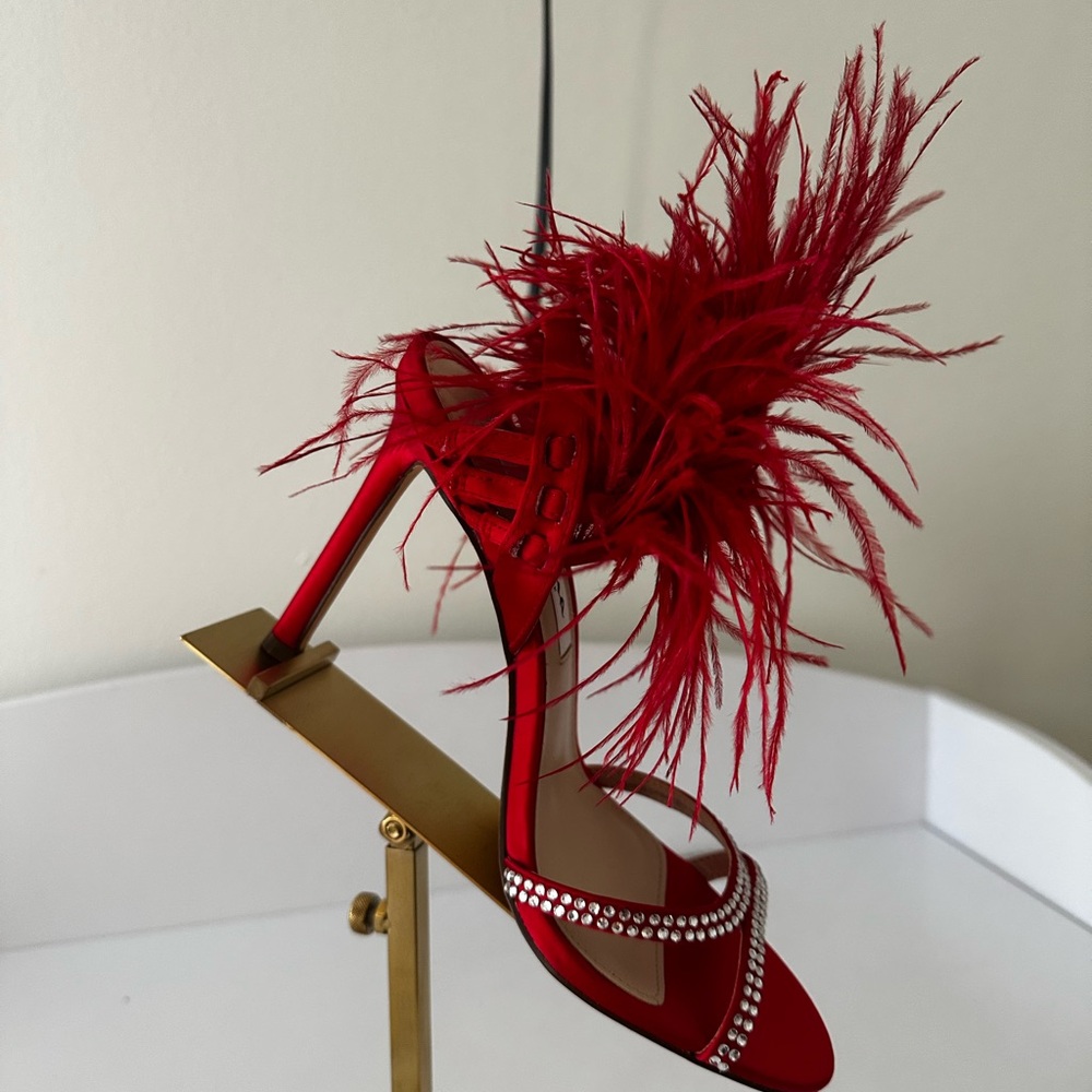 Nina Red Feathered Heels with Rhinestones
